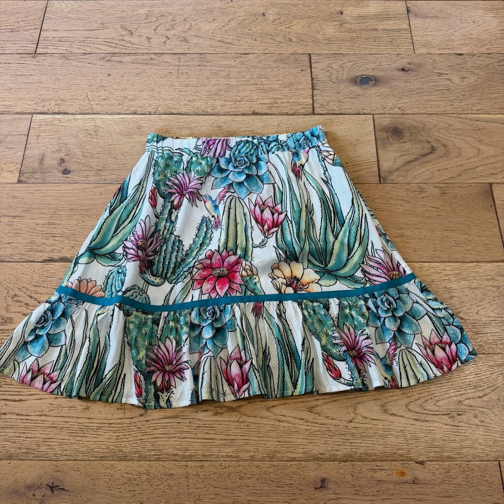 Double D Ranch Cactus Skirt S White Green Excellent Boho Southwestern (2142)